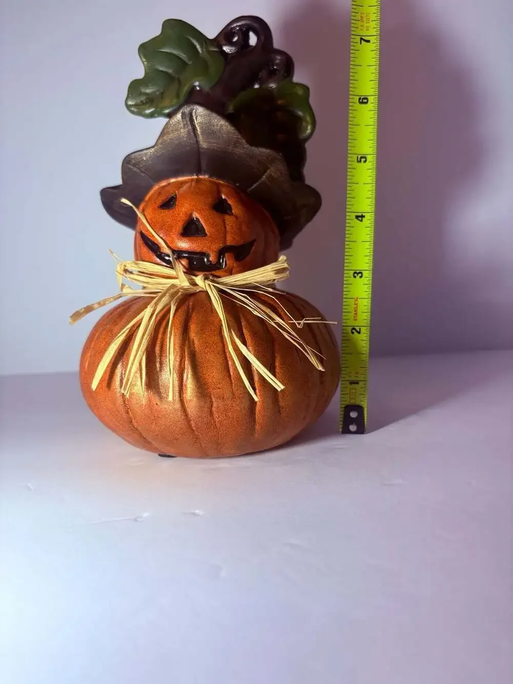 Pier 1 Whimsical Jack-O-Lantern Pumpkin Figurine Wearing Witch Hat and Straw Bow
